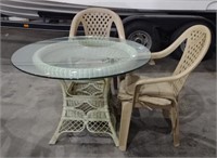 Glass Top Table (43" x 29") w/ 2 Plastic Chairs