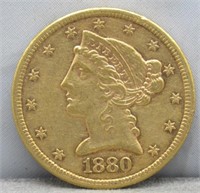 1880-S $5 Gold. XF.