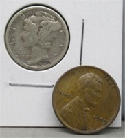 1928-S Dime VF and 1909 Penny XF.