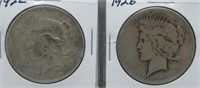 1922 and 1926 Peace Silver Dollars.