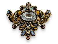 14K Gold Victorian Enameled Brooch W/ Aquamarine