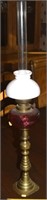 Antique Cranberry Glass & Brass Peg Oil Lamp 22.75