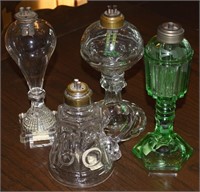 (4) Antique Whale Oil Lamps w/ Green Depression