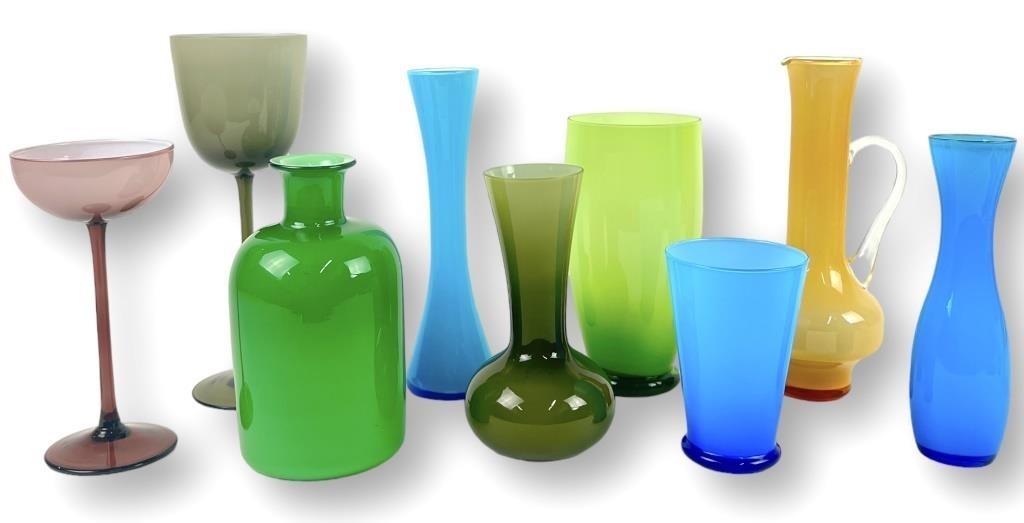 (9) Italian Colored Glass Vessels