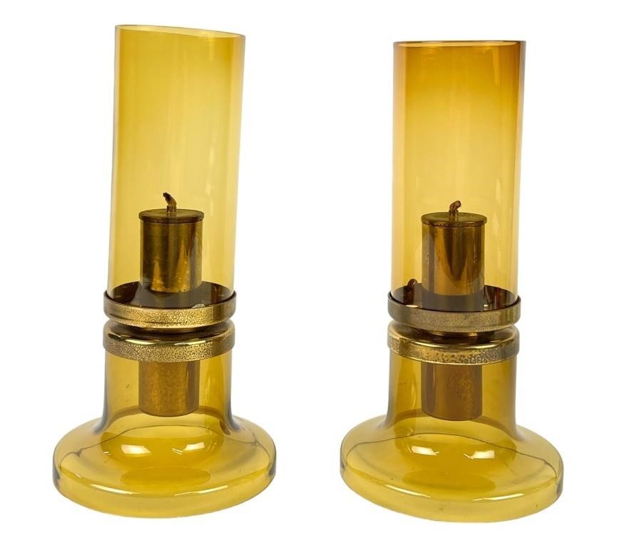 Pair of Hans Agne Jakobsson Amber Glass Oil Lamps