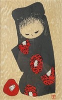 Kaoru Kawano Girl in Black with Flowers Woodblock