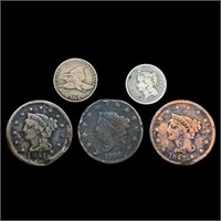 (5) Varied US Coinage (1828, 1843, 1851, 1858, 186