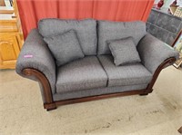Grey Cloth Loveseat with wood accents and 2 throw