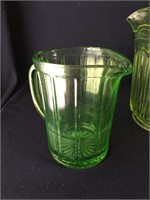 2 Vintage Green Depression Glass Pitchers