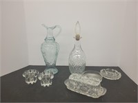 Glass Decanter, glass water jug, butter dish,
