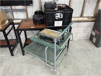 Desk Table, Roll Around Cart, Box Of Misc
