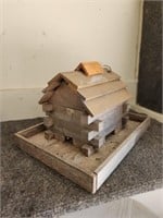 Custom made wooden log cabin bird feeder, 9.25 X
