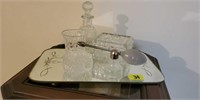 Etched mirror, perfume mister, glass trinket