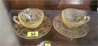 Yellow depression glass cups & saucers, 2 pairs
