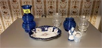 Cobalt blue vases, china dish, Dutch toothpick