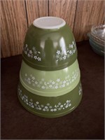3 Vintage Green Spring Blossom Pyrex Bowls
