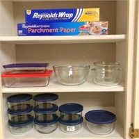 Pyrex & misc. kitchen items in cabinet