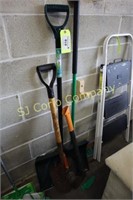 Assorted shovels, broom