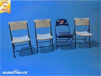 three lifetime foldable chairs and one cushioned r
