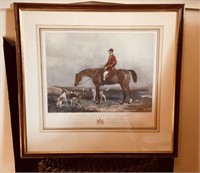 Antique fox hunting engraving, hand colored and