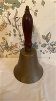 Large antique brass school bell , hickory wood