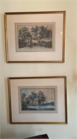 2 framed English watercolor engravings, one of