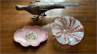 3 pieces set , silver metal pheasant bird, pink &