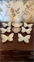 11 piece set, Six butterfly porcelain dishes one