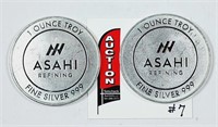 2  Asahi  1 ounce troy .999 silver rounds