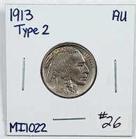 1913  Type II  Buffalo Nickel   AU