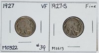 1927 & 1927-S  Buffalo Nickels   VF & F