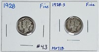 1928 & 1928-S  Mercury Dimes   F