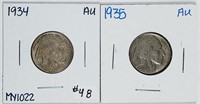 1934 & 1935  Buffalo Nickels   AU