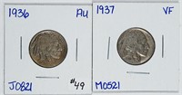 1936 & 1937  Buffalo Nickels   AU & VF