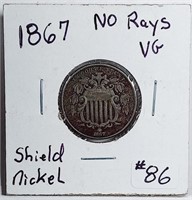 1867  No Rays  Shield Nickel   VG