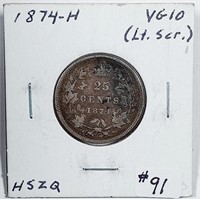 1874-H  Canada  25 Cents   VG-10  lt scratch