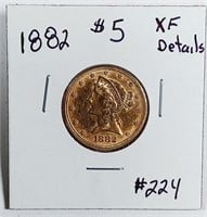 1882  $5 Gold Liberty   XF-details  cleaned