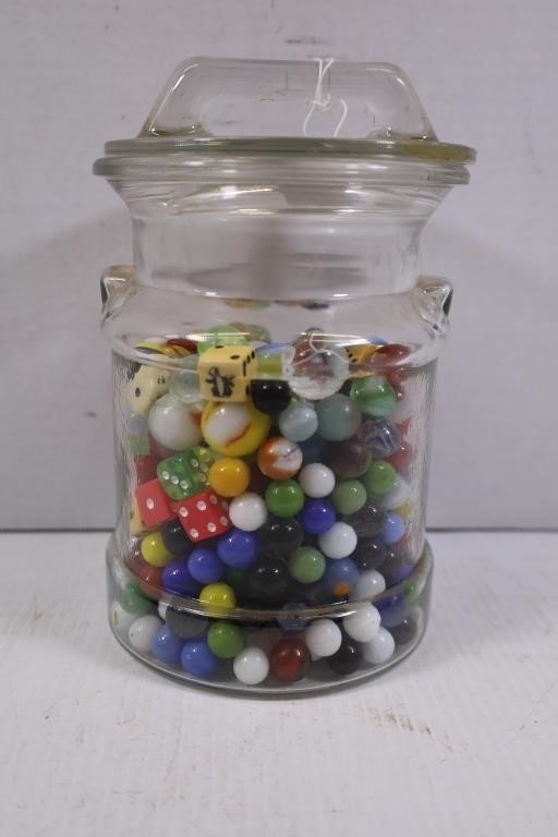 GLASS MILK CAN SHAPED COOKIE JAR FULL OF MARBLES &