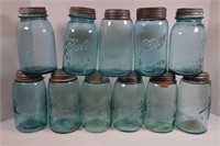 LOT OF 11 BLUE BALL JARS W/ ZINC LIDS