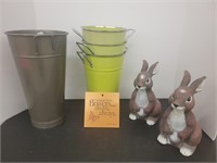 Yard Ornaments - 2 Rabbits and 4 Tin Buckets or