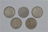 5 Nickels 1867, 83nc, 01, 05 and 11