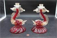 Antique Glass Coi fish Candlestick Holders