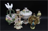 Ceramic Birds, Cherub, and Peacock Figurines