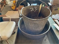 Antique galvanized milking bucket, pan and chain