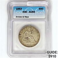 1853 Seated Lib. Half Dollar ICG AU50 Arws & Rays