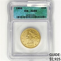 1853 $10 Gold Eagle ICG AU55