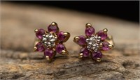14K Gold Ruby & Diamond Floral Earrings 1.06g