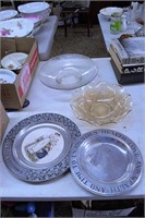 2 Carnival Glass Bowls and 2 Pewter Plates