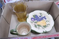 Box of 4 Pear Plates a Mug and an Amber Vase