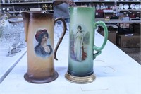 2 Portrait Pitchers: 1 Green and 1 Brown